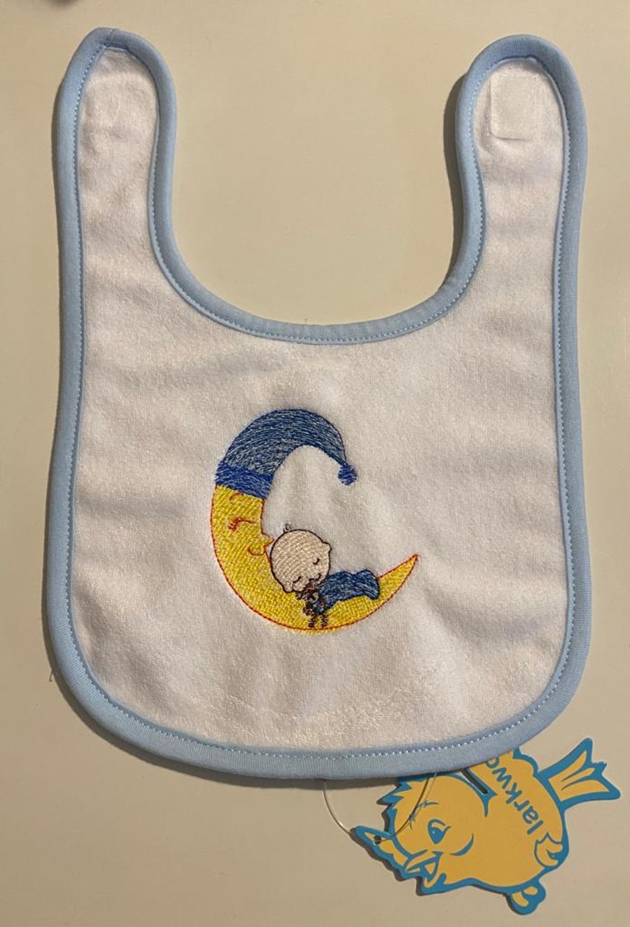 Blue  baby bib embroidered moon