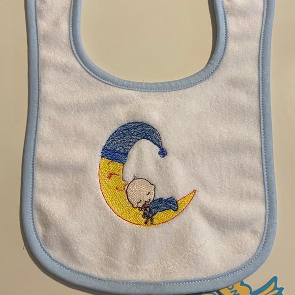 Blue  baby bib embroidered moon