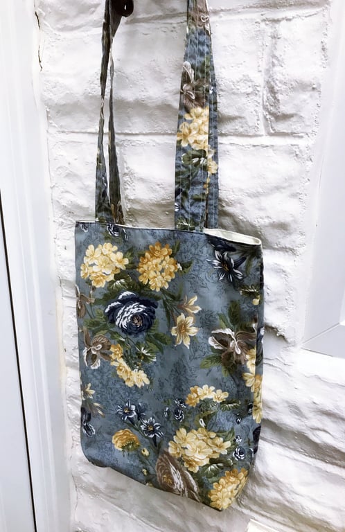 Shoulder Bag, Blue Yellow Floral Print , Eco Friendly Reusable Cotton Bag