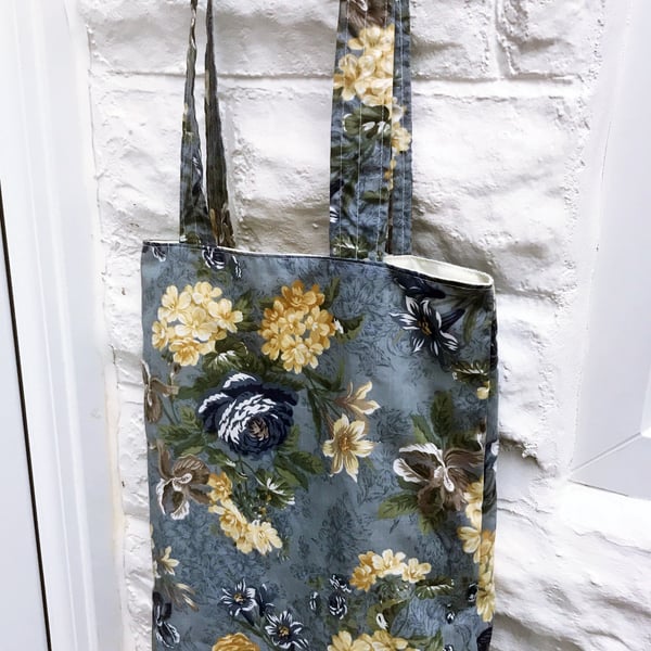 Shoulder Bag, Blue Yellow Floral Print , Eco Friendly Reusable Cotton Bag