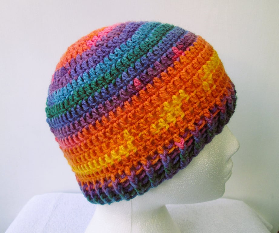 Multi colour crochet beanie hat for an adult