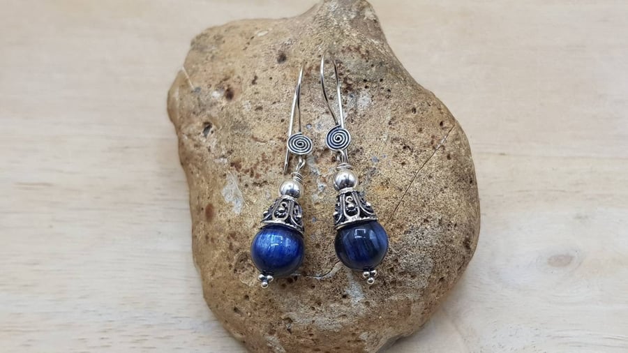 Blue Kyanite cone earrings. Reiki jewelry uk