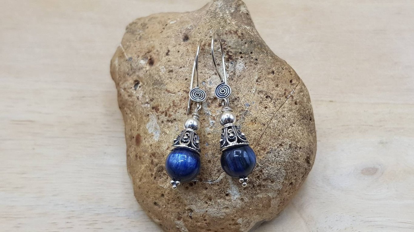 Blue Kyanite cone earrings. Reiki jewelry uk