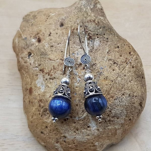 Blue Kyanite cone earrings. Reiki jewelry uk