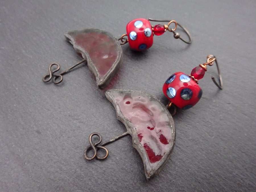 copper, lampwork glass and red umbrella earrings