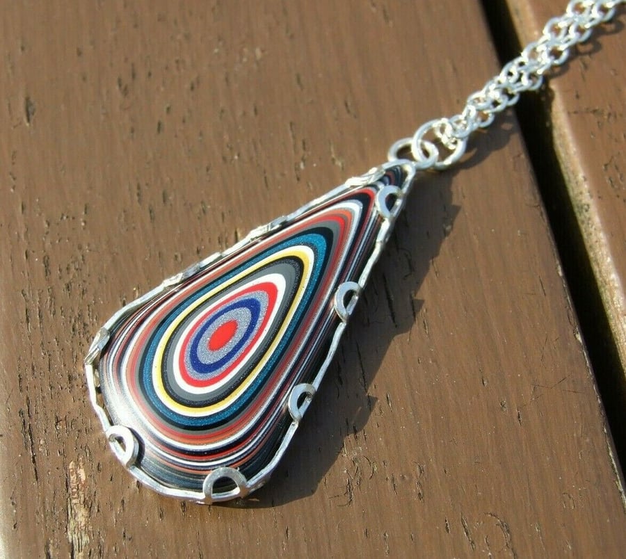 Fordite Multicoloured Shimmer Striped Pendant on Sterling Silver 925 Necklace