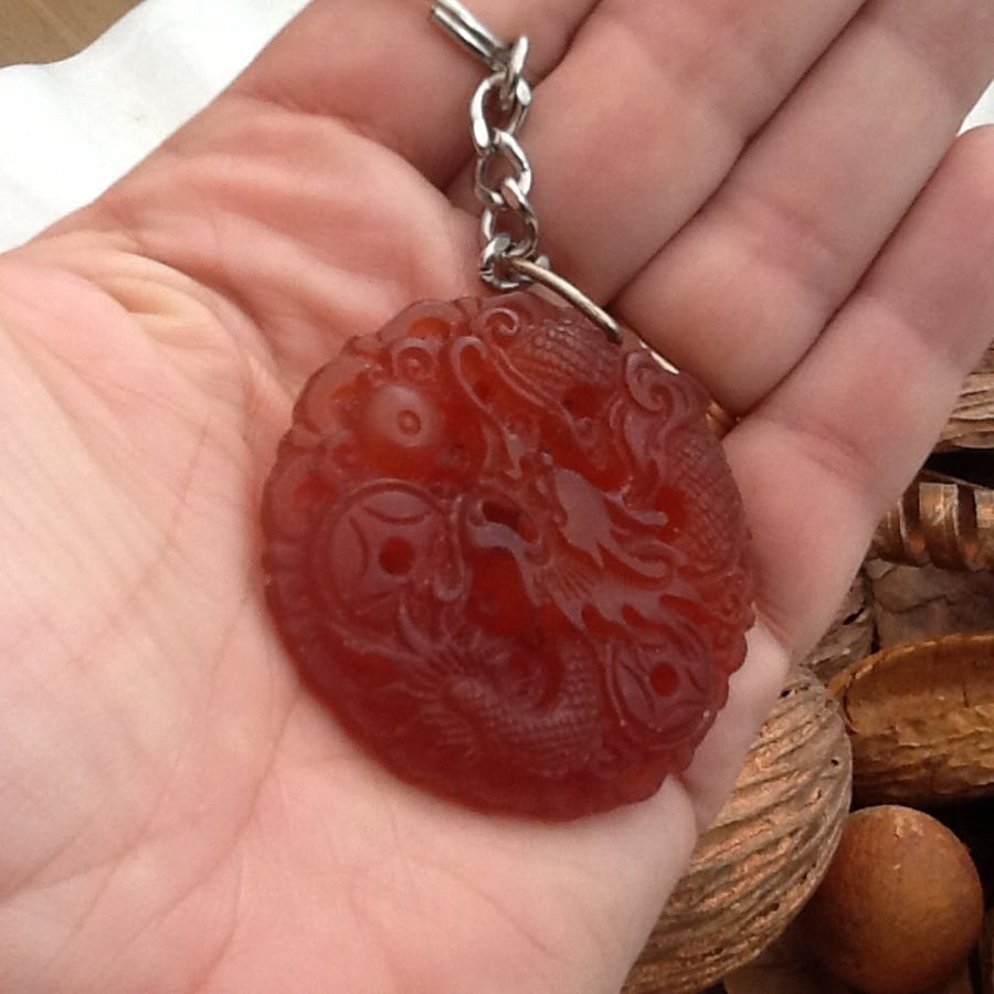 Carved Red Jade Dragon Amulet Keyring or Handbag Charm.