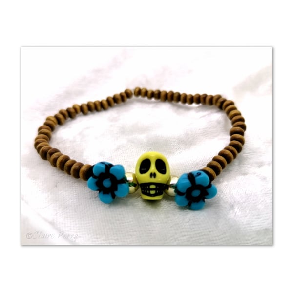 Wooden Surfer's bead bracelet with Yellow Skull bead and Turquoise Flower beads