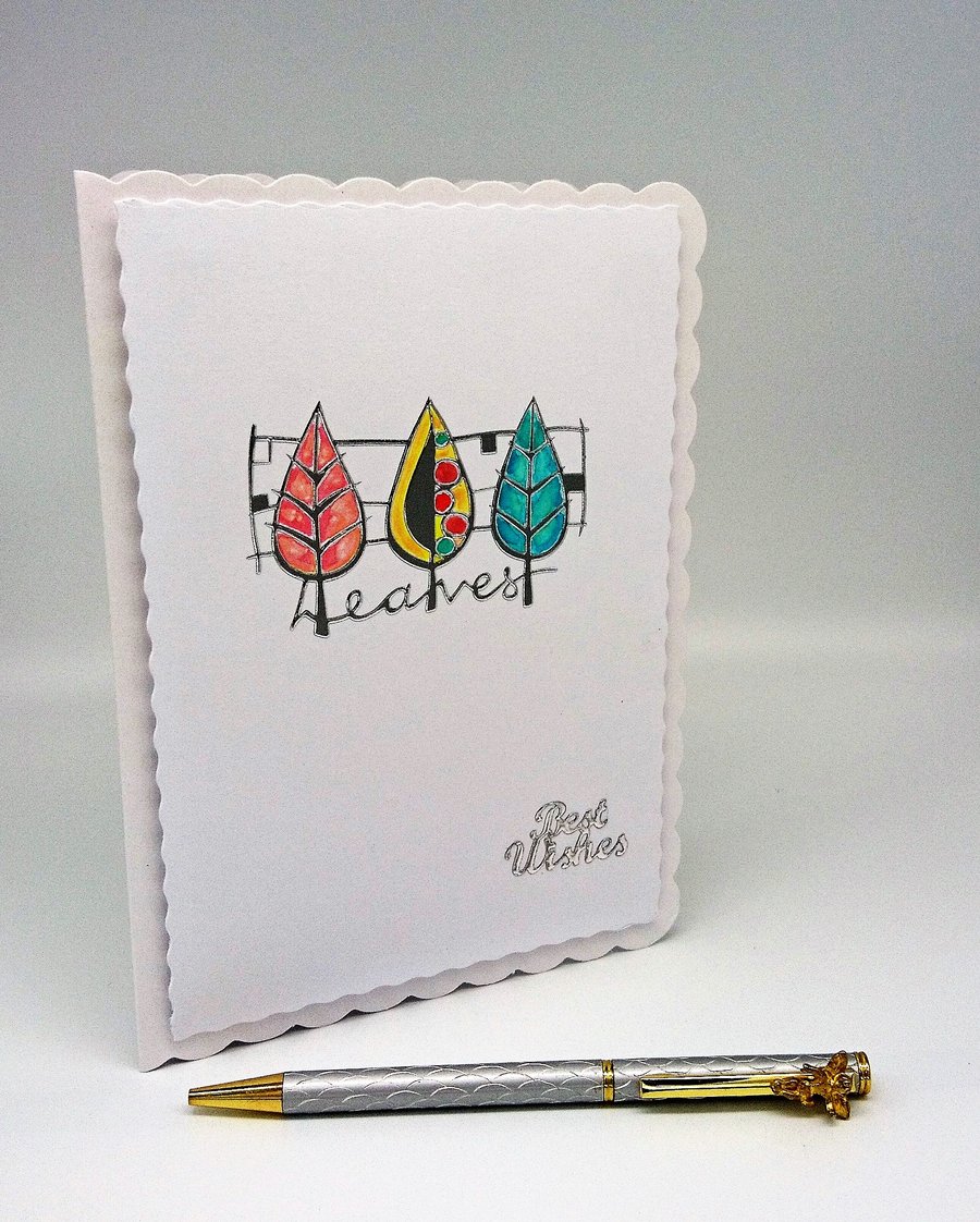 "Best Wishes" Handmade Card.  Hand painted Autumn Leaves.  FREE P&P to UK