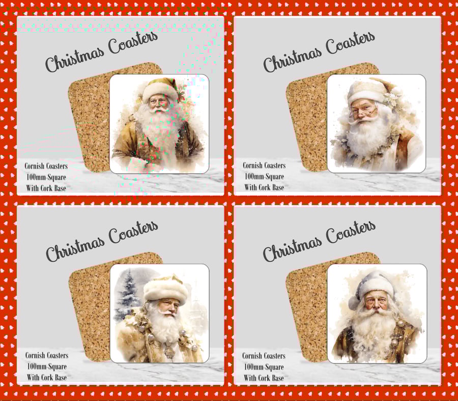 Set of 4 Father Christmas Coasters  100mm (4" ) Square With Cork Base. Design 2