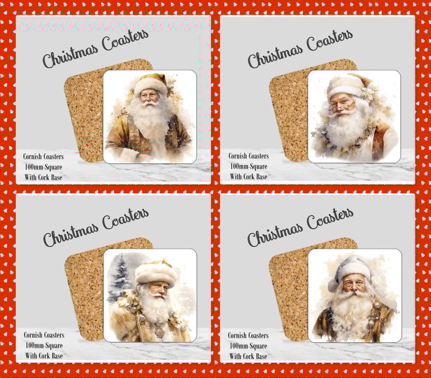 Set of 4 Father Christmas Coasters  100mm (4" ) Square With Cork Base. Design 2