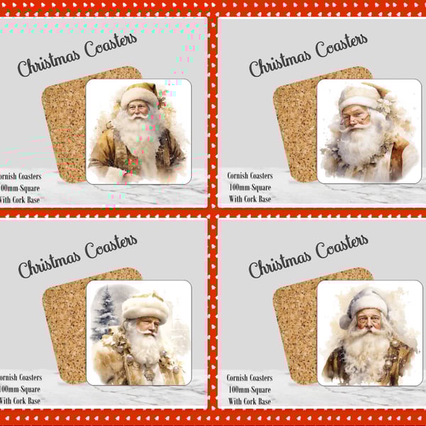 Set of 4 Father Christmas Coasters  100mm (4" ) Square With Cork Base. Design 2