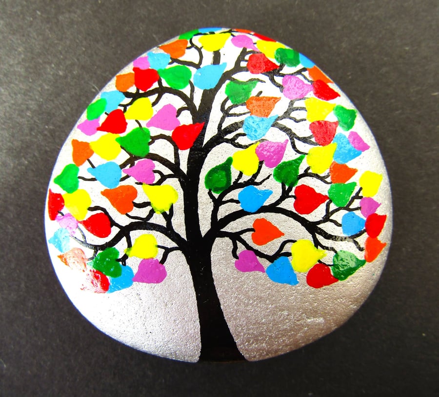 Tree Stone Painting, Love Gift, Hand Painted Pebble, LGBTQ, Anniversary Hearts