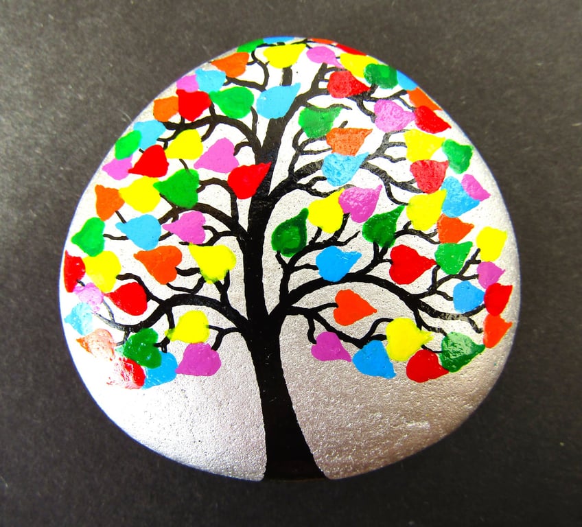 Tree Stone Painting, Love Gift, Hand Painted Pebble, LGBTQ, Anniversary Hearts