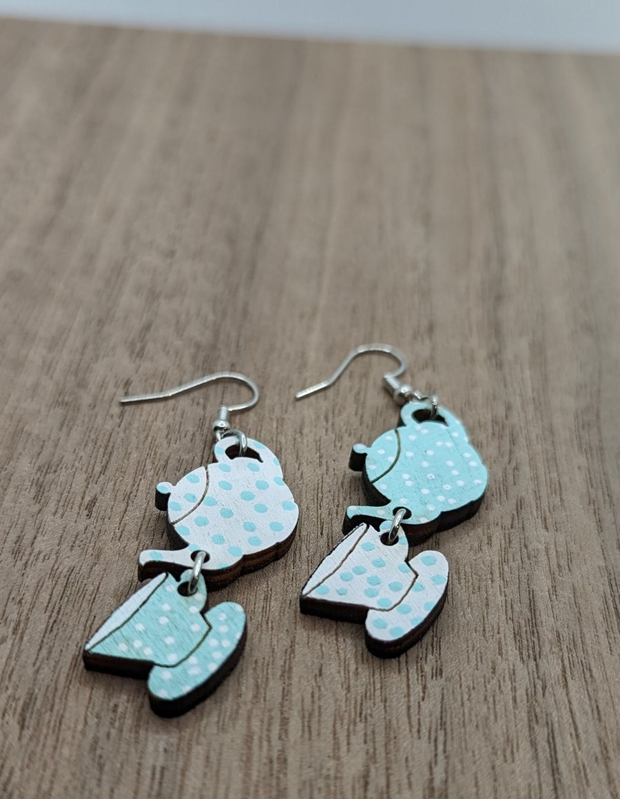 Light blue Eco Earrings - Hypoallergenic Stainless Steel - Teapot and Tea Cup