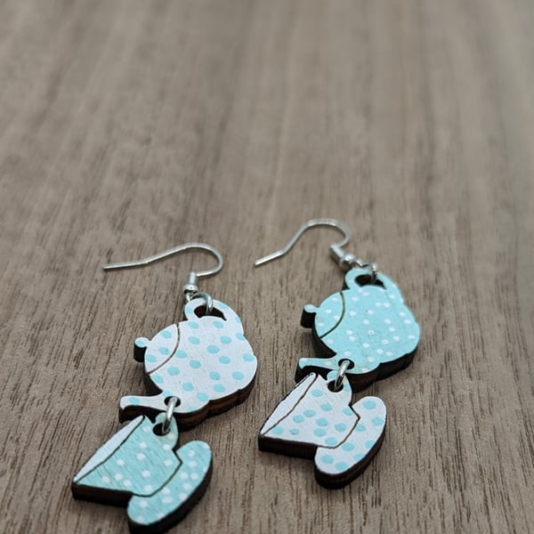 Light blue Eco Earrings - Hypoallergenic Stainless Steel - Teapot and Tea Cup