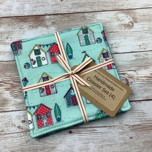 Beach huts coaster set, Seaside fabric coaster set of 4, Handmade