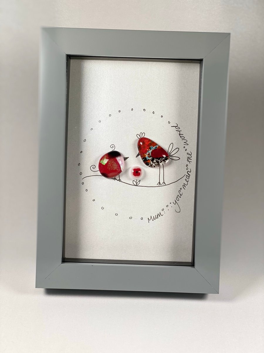 Quirky and cute mum birdies fused glass picture 