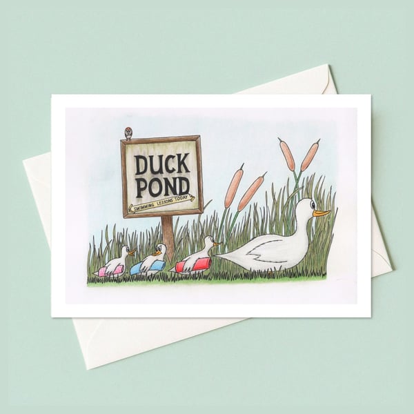 Cute Ducks Greeting Card: Pencil Illustration of a Duck Family Outing (213)