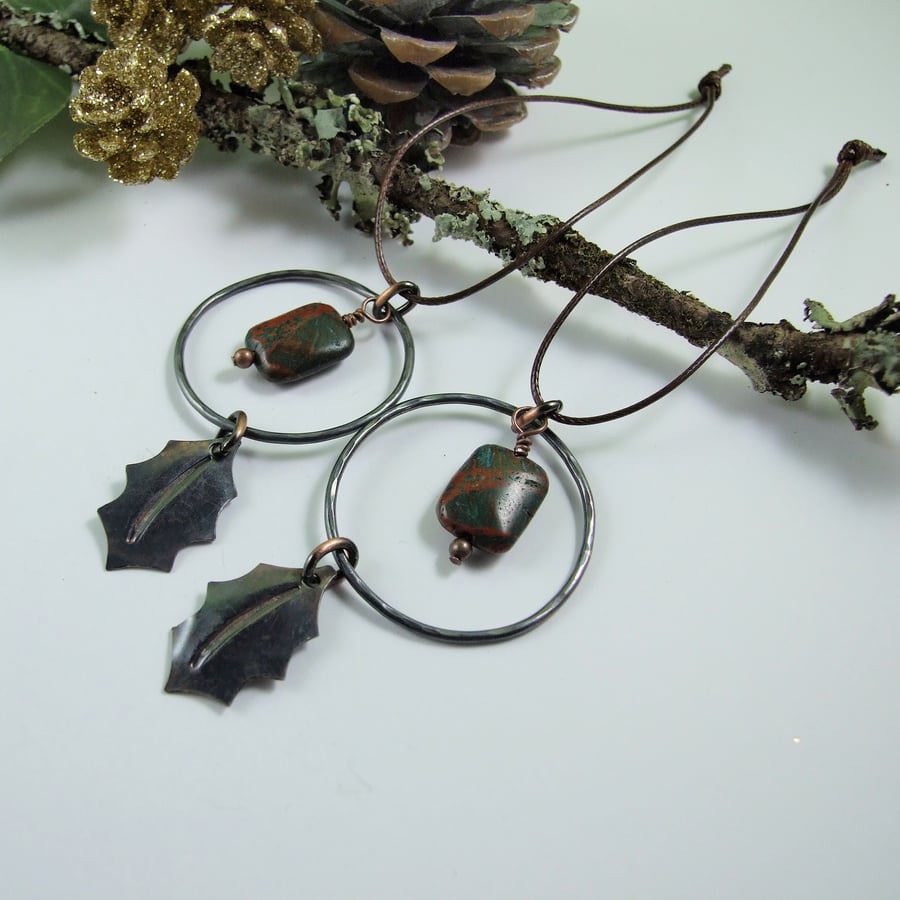 Hanging Decoration, Copper Holly Leaf with Jasper Suncatcher. Set of 2
