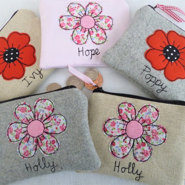 Flower Personalised Coin Purse - Pouch or Wallet with Flower or Poppy Design