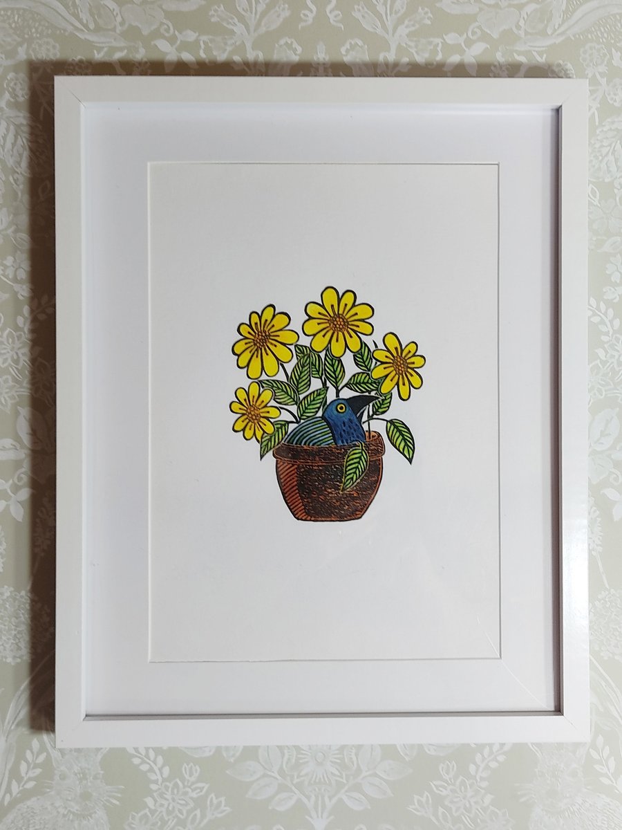 hand coloured Lino print , bird and flower pot