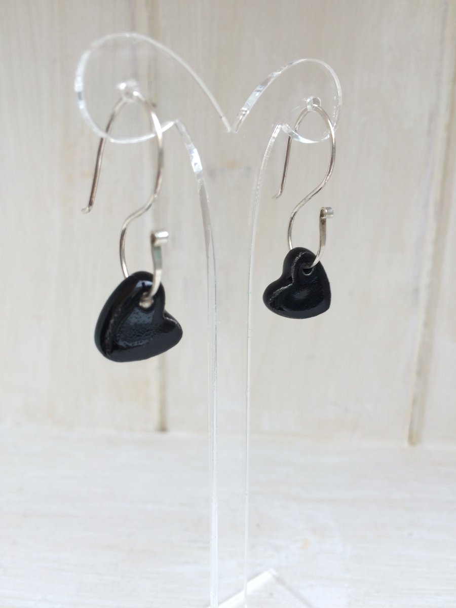 Sale Black Ceramic Dangle Earrings on Sterling Silver S Shaped Ear Wires