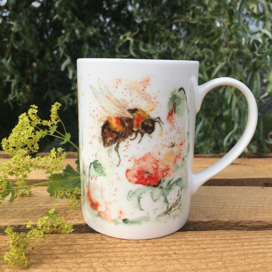 Poppy Bees Watercolour Bone China Mug, China Cup, Wildlife Art Mug by Artist San