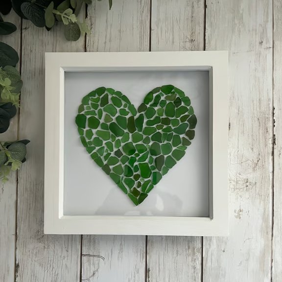 Sea Glass Wall Art: Large Heart, Green, White Shadow Box Frame - Coastal home 