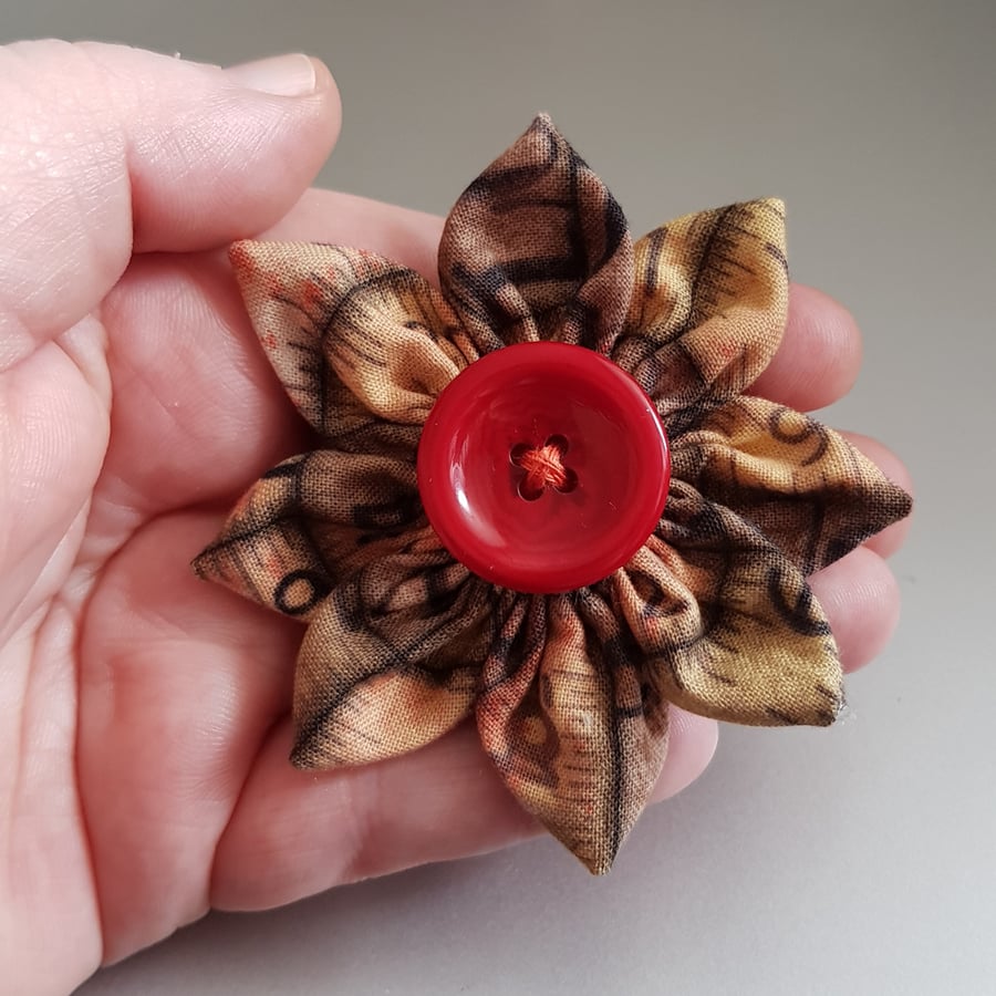 Brown Fabric Flower Brooch with Red Button - Rustic Autumn Textile Pin