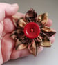 Brown Fabric Flower Brooch with Red Button - Rustic Autumn Textile Pin