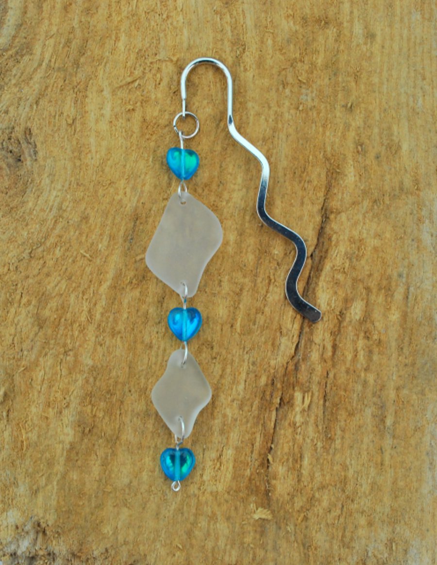Beach glass bookmark with turquoise hearts