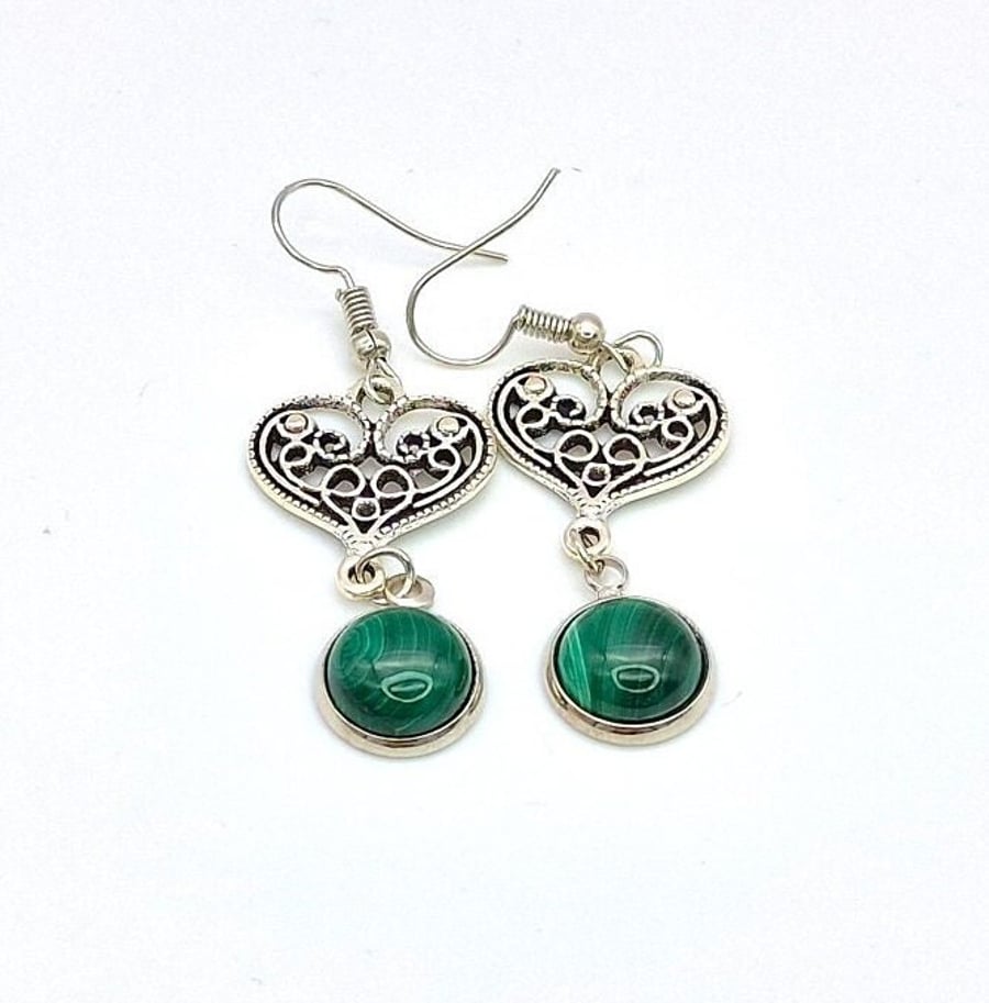 Malachite Gemstone And Heart Dangle Earrings