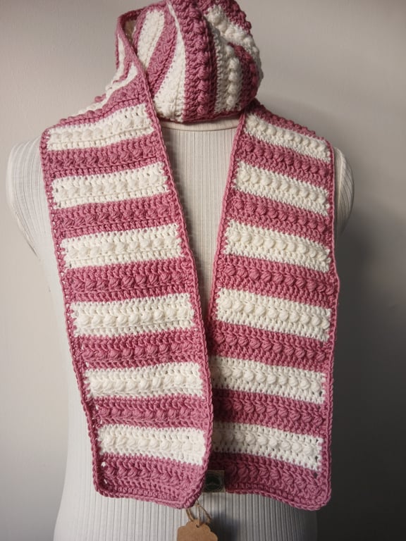Hand crocheted pink and white bobble stitch scarf