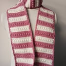 Hand crocheted pink and white bobble stitch scarf