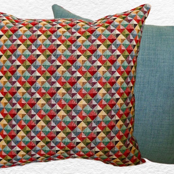Cushion Cover: Tapestry Diamonds design Duck Egg Blue reverse 17”(43cm)