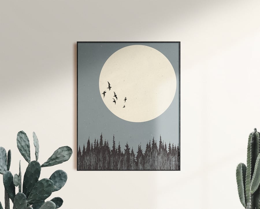 Full Moon Print and Birds