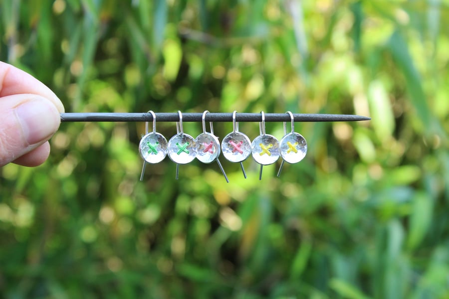 Silver button drop earrings, stitched buttons, silver earrings 