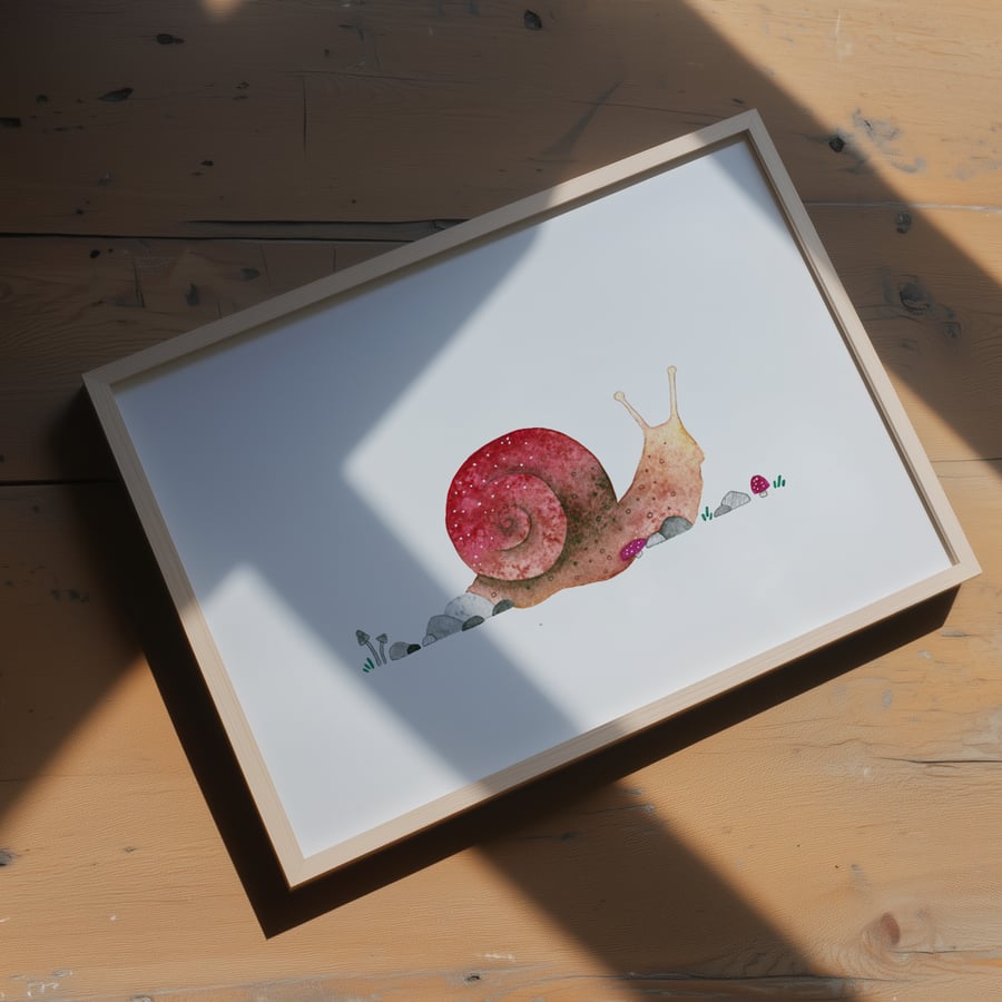 Snail and fungi, awesome animals, giclée A5 art print