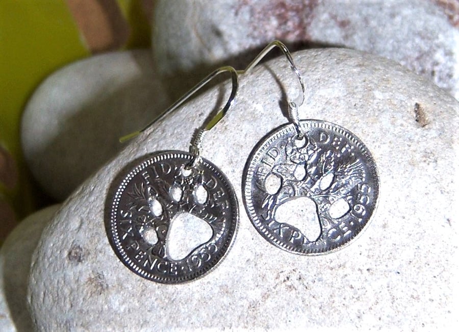 Recycled Sixpence earrings with paw cut-outs