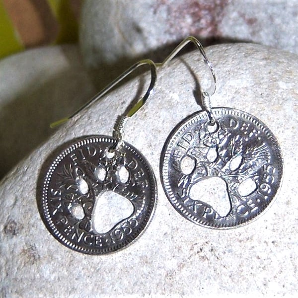 Recycled Sixpence earrings with paw cut-outs