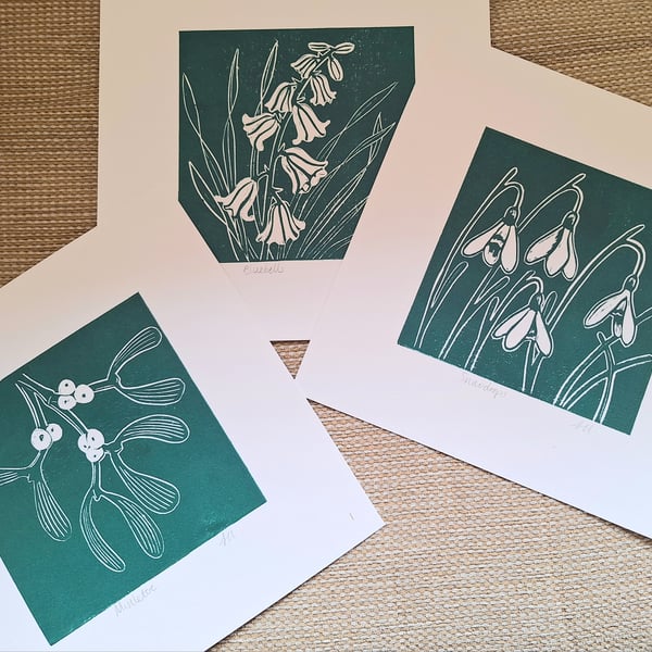 An original handprinted linoprint of either mistletoe,  bluebells or snowdrops.