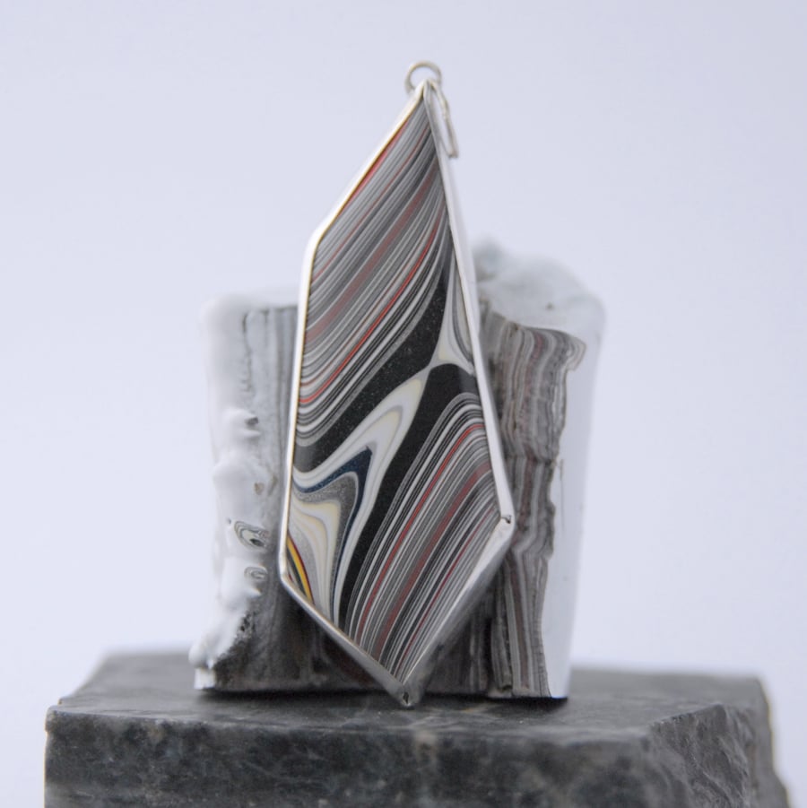 Large reversible geometric fordite and sterling silver pendant