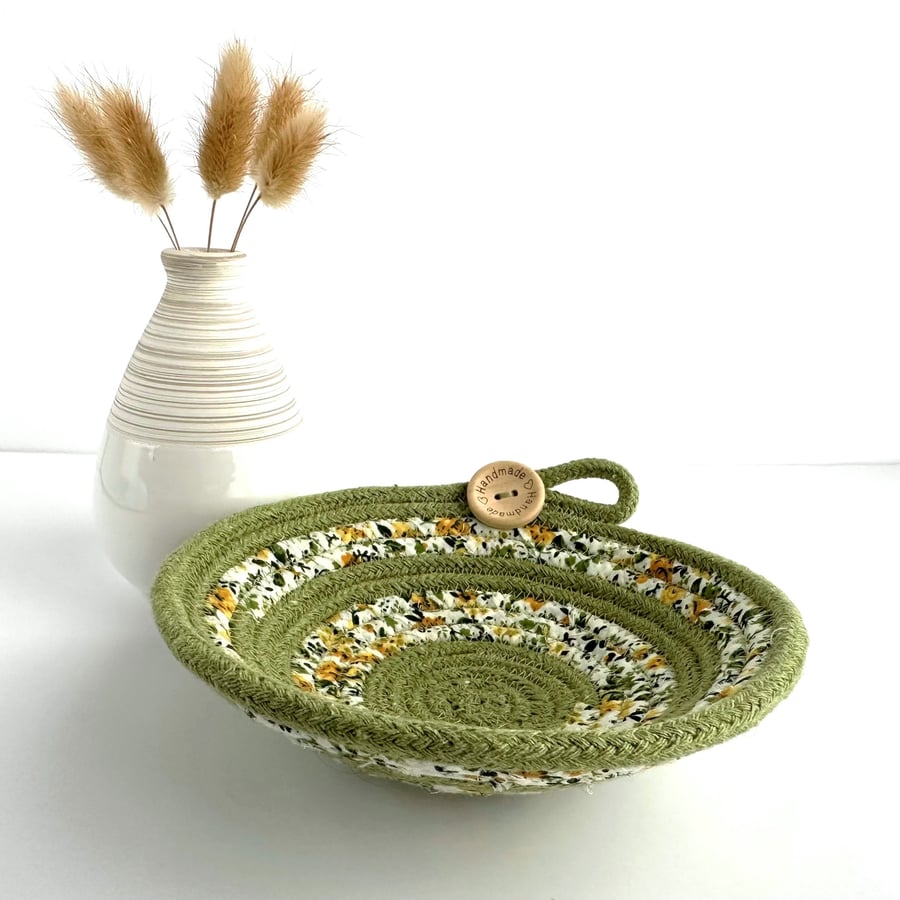 Small Coiled Rope Bowl in Sage Green with Floral Fabric Trim