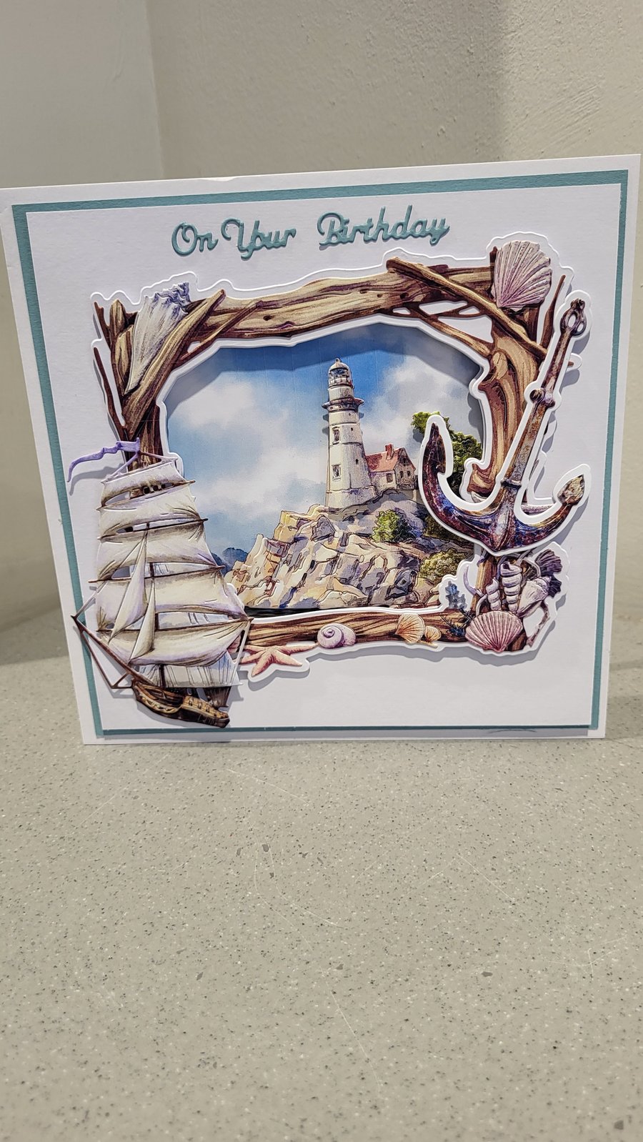 Lighthouse and sailing boat greeting card. Handmade greeting card. 