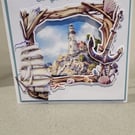 Lighthouse and sailing boat greeting card. Handmade greeting card. 
