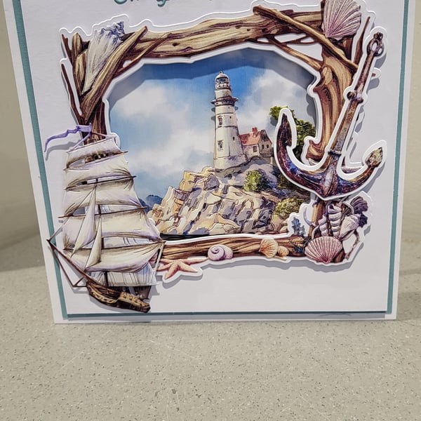Lighthouse and sailing boat greeting card. Handmade greeting card. 