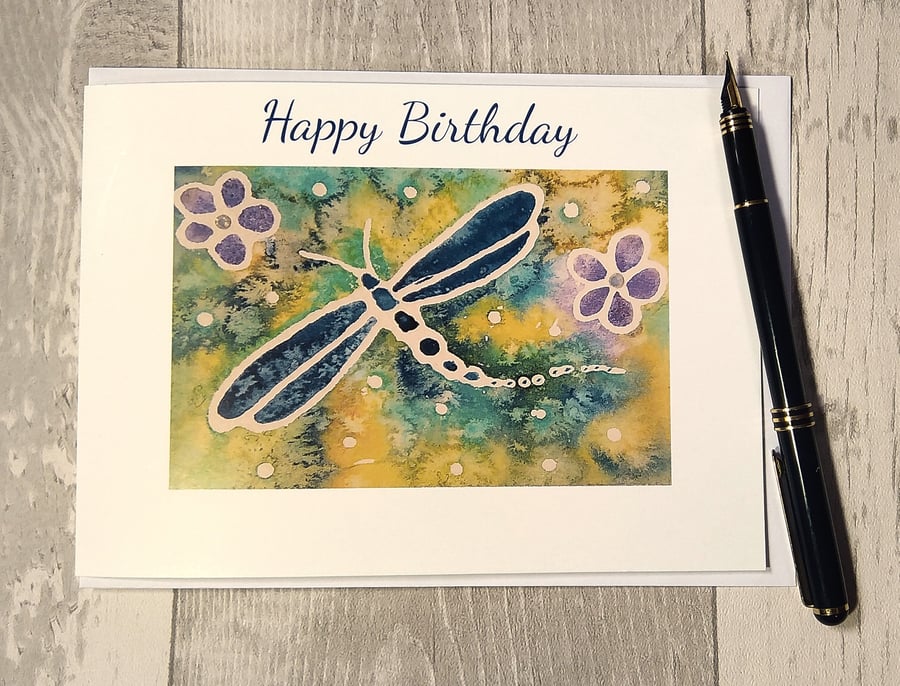 Dragonfly Birthday card. Happy Birthday card. Floral card.