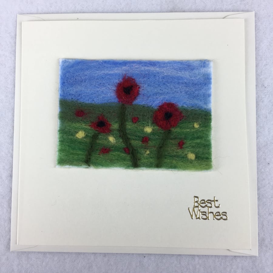 A field of poppies felted ACEO picture card, best wishes, removable ACEO