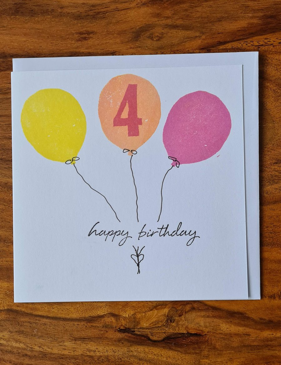 Numbered balloon birthday card handprinted yellow pink